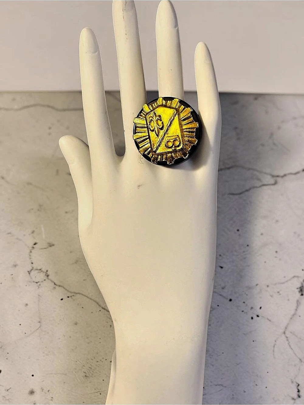 Fleur-de-lis Button Statement Ring Gold & Black - Handmade